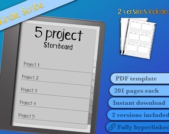 Könnte beinhalten: Ein digitales Bild eines Kindle Scribe E-Readers, auf dem eine 5-Projekt-Storyboard-Vorlage angezeigt wird. Die Vorlage hat fünf Zeilen für Projekttitel und nummerierte Spalten für jedes Projekt. Das Bild zeigt auch eine PDF-Vorlage mit 201 Seiten, sofortigem Download, zwei Versionen inklusive und vollständig verlinkt.