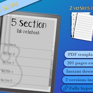 Könnte beinhalten: Ein digitaler Tablet-Bildschirm zeigt ein 5-Sektionen-Tabulatur-Notizbuch mit einer Gitarrengrafik. Der Bildschirm zeigt fünf Abschnitte, die von 1 bis 5 nummeriert sind. Der Text "2 Versionen enthalten" wird auf einem blauen Hintergrund angezeigt.