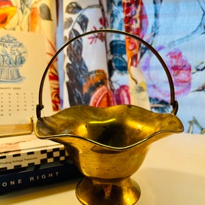 Vintage Brass Pedestal Basket with Handle