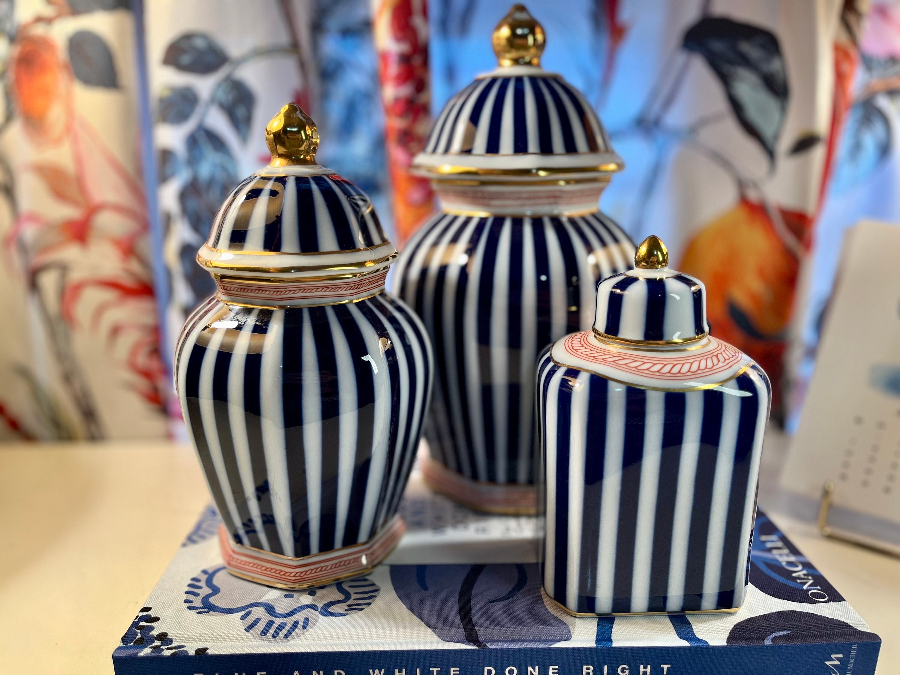 Blue and White Stripe Ginger Jars