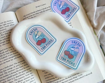 Fresh TBR picks cherry holographic vinyl sticker for kindle
