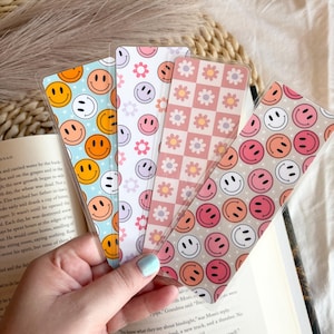 Laminated bookmarks Retro happy face checker print laminated bookmark - choose your design!