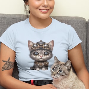 Steampunk Kitty T-Shirt for Women - Clockwork Cat with Goggles