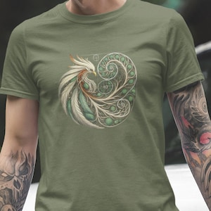 May include: A green t-shirt with a white and green graphic of a stylized bird with a geometric pattern.