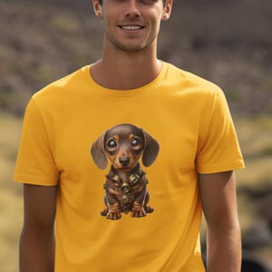 May include: A yellow t-shirt with a brown and black dachshund wearing a steampunk-style collar and goggles.