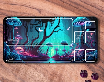 May include: A rectangular playmat with a fantasy forest scene in shades of teal, purple, and pink. The mat has labeled zones for gameplay, with three purple dice nearby. The words "Battlefield", "Lands", "Command Zone", "Exile", "Library", and "Graveyard" are visible.