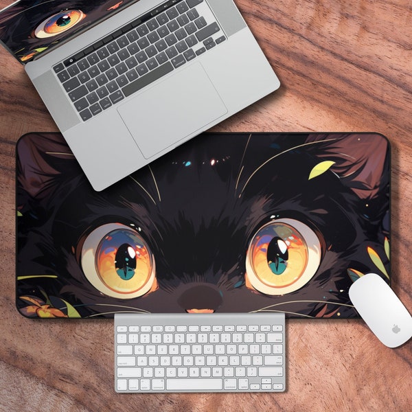 Desk Mat Cat, Anime Cat Mouse Pad, Extended Gaming Desk Mat, Black Laptop Mat, Neko Cat Deskmat, Cat Lover Gifts