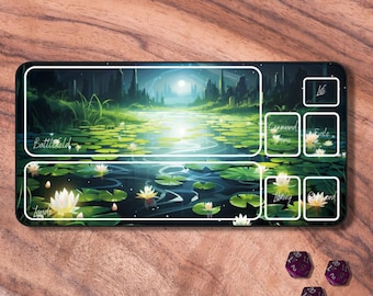 May include: A black and white playmat with a fantasy landscape featuring a lake with lily pads and a moonlit sky. The playmat is divided into sections labeled "Battlefield", "Lands", "Command Zone", "Sideboard", "Library", and "Graveyard".