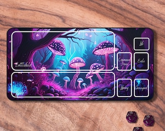 May include: A rectangular playmat featuring a fantasy forest scene with glowing purple mushrooms and the word "Battlefield". The mat has designated areas for game play and is accompanied by three purple dice.