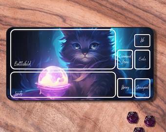 May include: A black playmat with a blue cat holding a glowing orb. The playmat has sections labeled "Battlefield", "Lands", "Command Zone", "Exile", "Library", and "Graveyard".