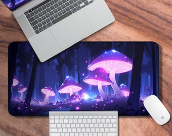 Desk Mat Anime Mushrooms, Purple Gaming Mouse Pad, Gamer Girl Aesthetic Keyboard Mat, Gifts for Gamers, Neoprene Gaming Mat