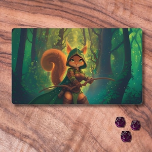 Tapis de jeu MTG avec zones, joli tapis de jeu MTG sur le thème des écureuils, tapis de jeu TCG forêt verte, cadeaux pour les joueurs