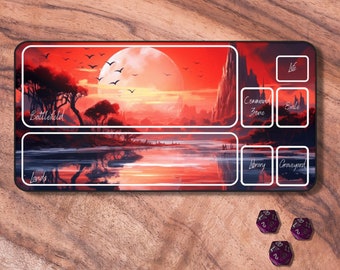 Tapis de jeu MTG avec zones, tapis de jeu MTG rouge et bleu, tapis de jeu de jeu de cartes à collectionner sur le thème du paysage, tapis de jeu TCG, cadeaux pour les joueurs