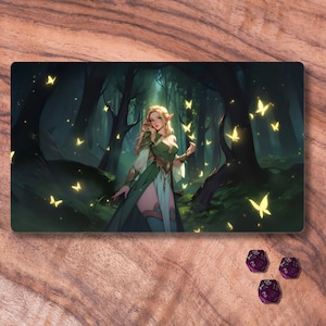Tapete de jogo MTG Elfo, Tapete de jogo MTG Floresta, Tapete de jogo TCG temático de Elfo da floresta, Presentes para garotas gamer