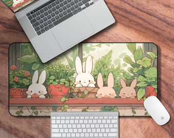 Lofi Desk Mat, Desk Mat Kawaii, Cute Bunny Deskpad, Neutral Gaming Mouse Pad, Aesthetic Desk Decor, Large Deskmat, Kawaii Desk Decor