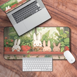 Lofi Desk Mat, Desk Mat Kawaii, Cute Bunny Deskpad, Neutral Gaming Mouse Pad, Aesthetic Desk Decor, Large Deskmat, Kawaii Desk Decor