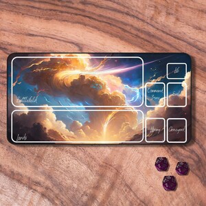 May include: A black and white playmat featuring a colourful image of a swirling cloud formation. The playmat is divided into sections labelled "Battlefield", "Lands", "Command Zone", "Library", "Graveyard", and "Exile".