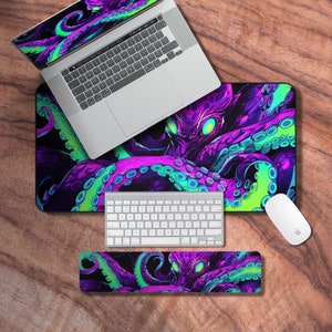 Desk Mat Octopus, Giant Gaming Desk Mat, Large Purple Mouse Pad for Gamers, Gamer Accessories, Neon Desk Decor