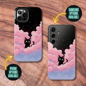 May include: A black phone case with a pink and blue cloud design and a black cat silhouette. The case has a starry night background.  "SAMSUNG OPTIONS AVAILABLE" and "IPHONE OPTIONS AVAILABLE" are written in yellow text on the image.