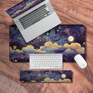Art Nouveau Desk Mat, Starry Night Sky Mouse Pad, Blue Keyboard Wrist Rest, Deskmat Artistic, Matching Desk Accessories, Desktop Wallpaper