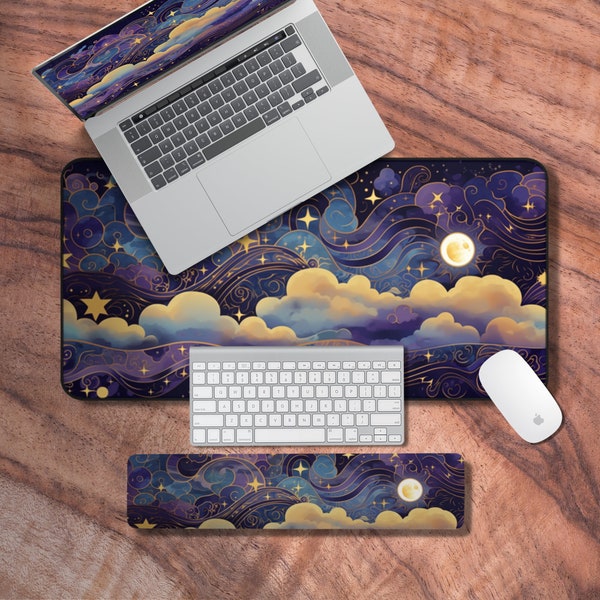 Art Nouveau Desk Mat, Starry Night Sky Mouse Pad, Blue Keyboard Wrist Rest, Deskmat Artistic, Matching Desk Accessories, Desktop Wallpaper