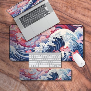 Podkładka pod biurko japońska, podkładka pod nadgarstki klawiatury, podkładka pod mysz Great Wave Pastel, podkładka artystyczna Deskmat, mata do gier z neoprenu, podkładka do gry w karty