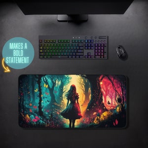 May include: A colorful mousepad with a fantasy forest scene featuring a girl in a white dress walking through a path with butterflies. The background is a vibrant mix of green, blue, red, and yellow.