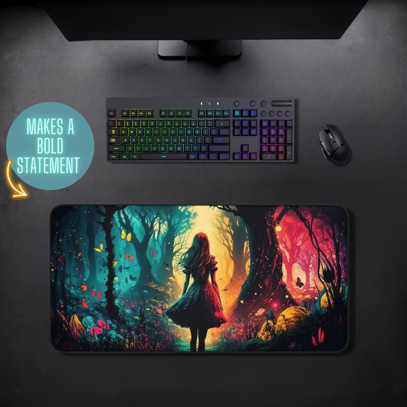 May include: A colorful mousepad with a fantasy forest scene featuring a girl in a white dress walking through a path with butterflies. The background is a vibrant mix of green, blue, red, and yellow.