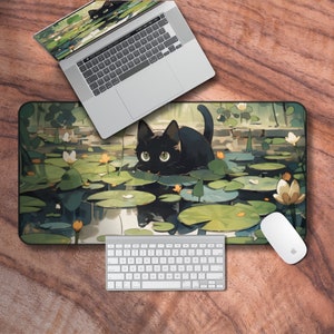 Desk Mat Aesthetic, Green Lofi Gaming Mouse Pad, Kawaii Cat Keyboard Mat, Cozy Gamer Gifts