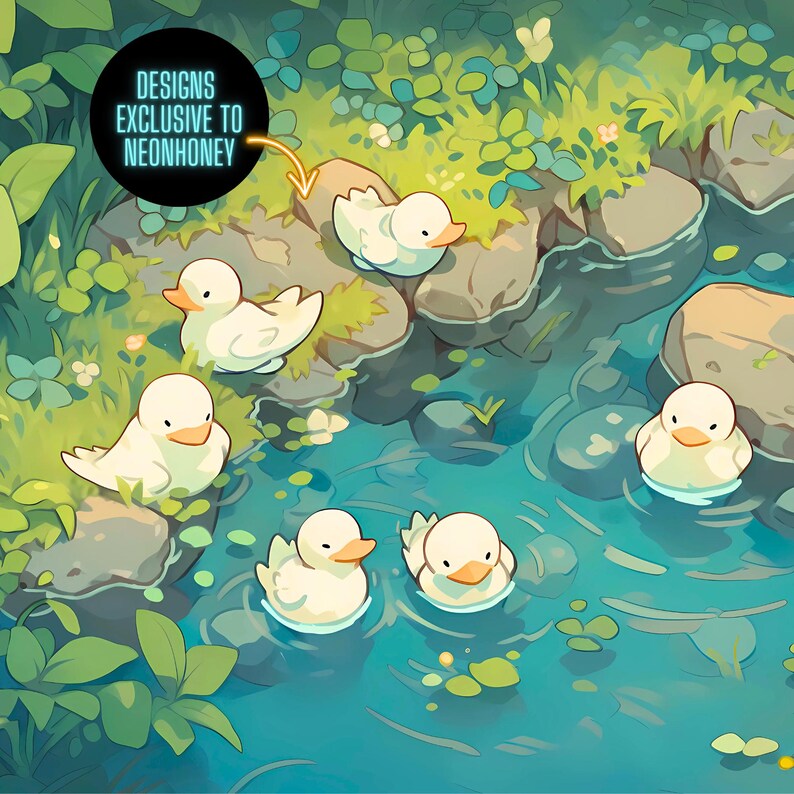 May include: A digital illustration of six white rubber duckies in a blue stream with green foliage and rocks. The text "DESIGNS EXCLUSIVE TO NEONHONEY" is in a yellow box with a black outline.