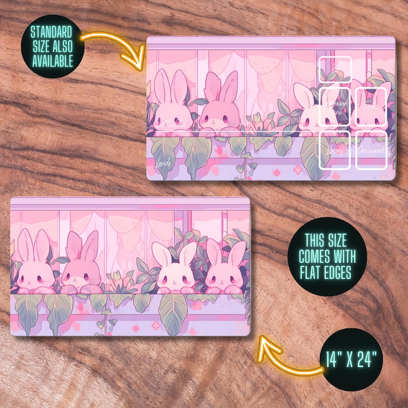 Puede incluir: Un rat&oacute;n de ordenador rosa y morado con un dise&ntilde;o de cinco conejos asom&aacute;ndose por una ventana con plantas verdes. El texto "STANDARD SIZE ALSO AVAILABLE" est&aacute; en la esquina superior izquierda. El texto "THIS SIZE COMES WITH FLAT EDGES" est&aacute; en la esquina inferior derecha. El texto "14" X 24" est&aacute; en la esquina inferior derecha.