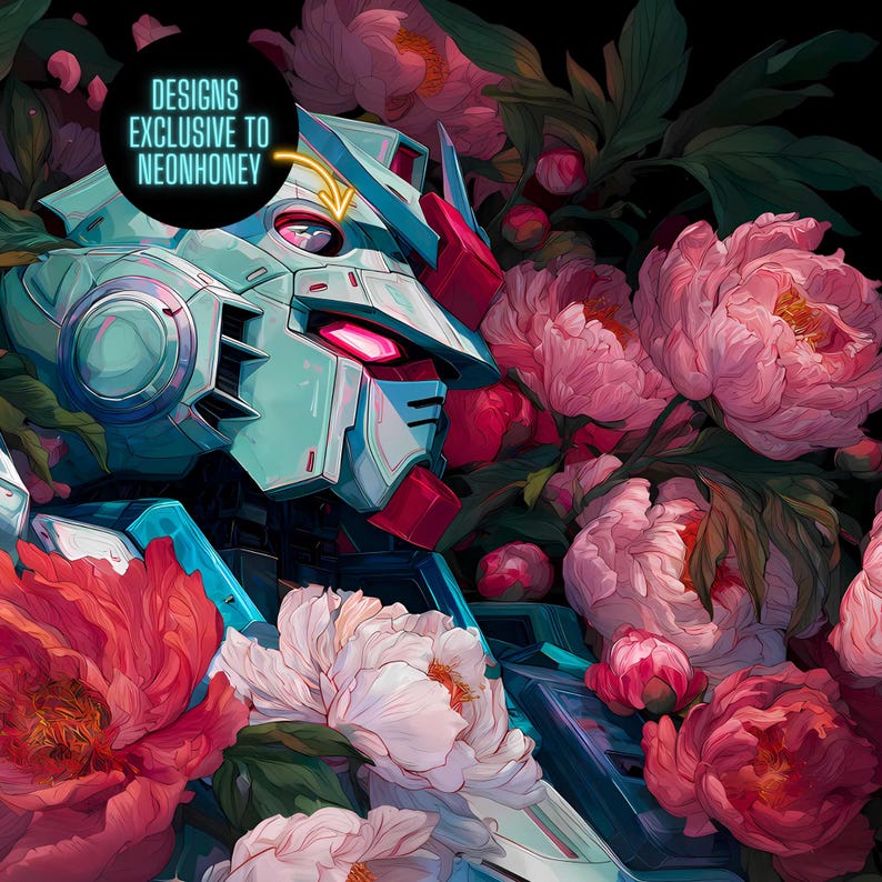 K&ouml;nnte beinhalten: Digitales Kunstwerk eines teal-farbenen und roten Roboter-Kopfes inmitten von rosa und wei&szlig;en Pfingstrosen. Das Bild enth&auml;lt den Text "DESIGNS EXCLUSIVE TO NEONHONEY" in einem schwarzen Kreis.