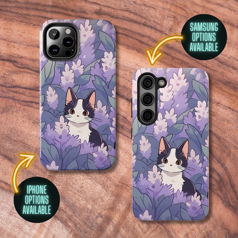 May include: A phone case with a purple and green floral design featuring a black and white cat. The case is available for both iPhone and Samsung phones.