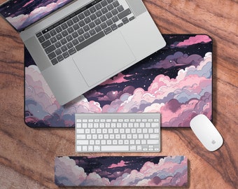 Desk Mat Purple, Aesthetic Gaming Mouse Pad XXL, Cloudy Night themed Laptop Mat, Kawaii Desk Decor, Desk Mat Anime Night Sky