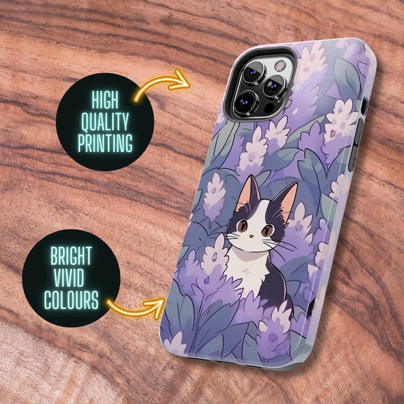 May include: A clear phone case with a black and white cat illustration surrounded by purple flowers. The case has a raised camera bump and a black border. The text "HIGH QUALITY PRINTING" and "BRIGHT VIVID COLOURS" are visible in the image.
