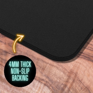 May include: Close-up of the black, non-slip backing of a mouse mat. The backing is 4mm thick and has a textured surface.