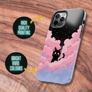 May include: A black phone case with a cute black cat sitting on pink clouds against a dark blue starry sky background. The case has a clear back and a black frame. The text "High Quality Printing" and "Bright Vivid Colours" are visible on the image.