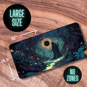May include: A large, 31" x 15.5" mousepad with a dark, fantasy-themed design. The image features a mysterious figure standing in a forest with a glowing orb in the background. The mousepad is labeled "NO ZONES".
