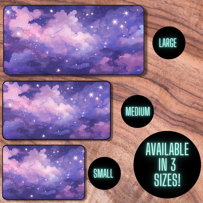 May include: Purple and pink galaxy-themed mouse mat with a starry night sky design. Available in three sizes: small, medium, and large.