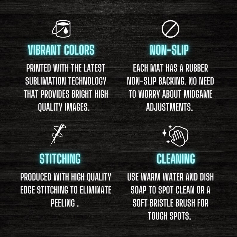 May include: A graphic illustration of four key features of a product. The features are vibrant colours, non-slip, stitching, and cleaning. The graphic is on a dark wood background.