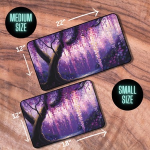May include: Two sizes of mousepads featuring a digital painting of a purple wisteria tree with a glowing river in the foreground. The larger mousepad is 22 inches by 12 inches, and the smaller mousepad is 18 inches by 12 inches.