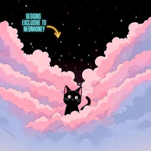 May include: A black cat sits on a fluffy pink and purple cloud against a dark blue starry night sky.