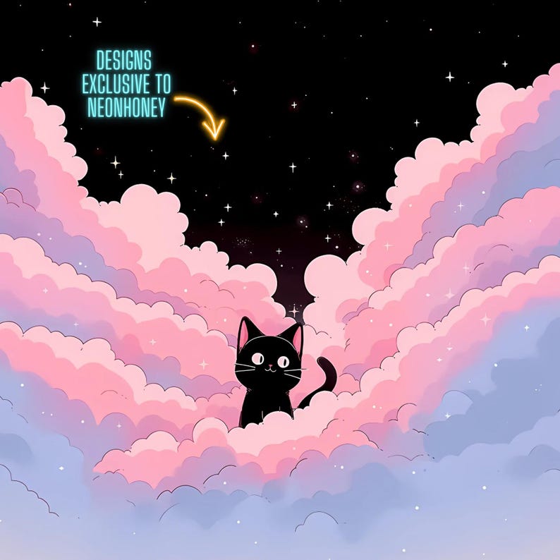 May include: A black cat sits on a fluffy pink and purple cloud against a dark blue starry night sky.