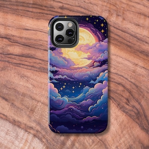 May include: A phone case featuring a colourful illustration of a moon, clouds and stars. The case is black and has a cut-out for the phone's camera.