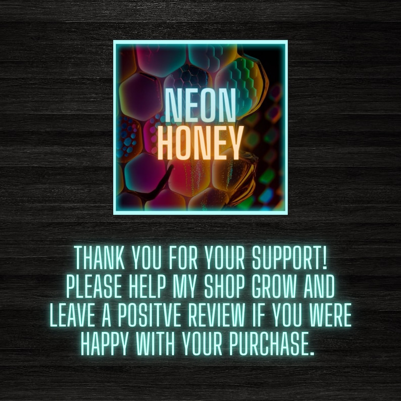 May include: A neon sign with the text "NEON HONEY" in a yellow font on a background of colorful abstract shapes.