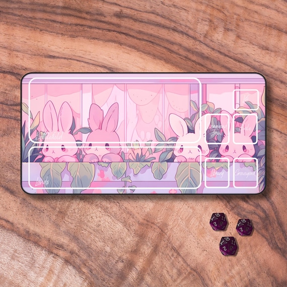 MTG Playmat with Zones, Pastel Lofi Bunny Themed TCG Playmat, Unofficial MTG Playmat, Trading Card Game Accessories, Gifts for Gamers
