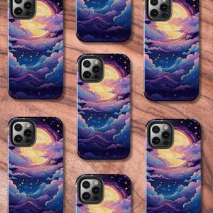 May include: A set of six phone cases with a whimsical design featuring a large yellow moon, purple and blue clouds, and a starry night sky.