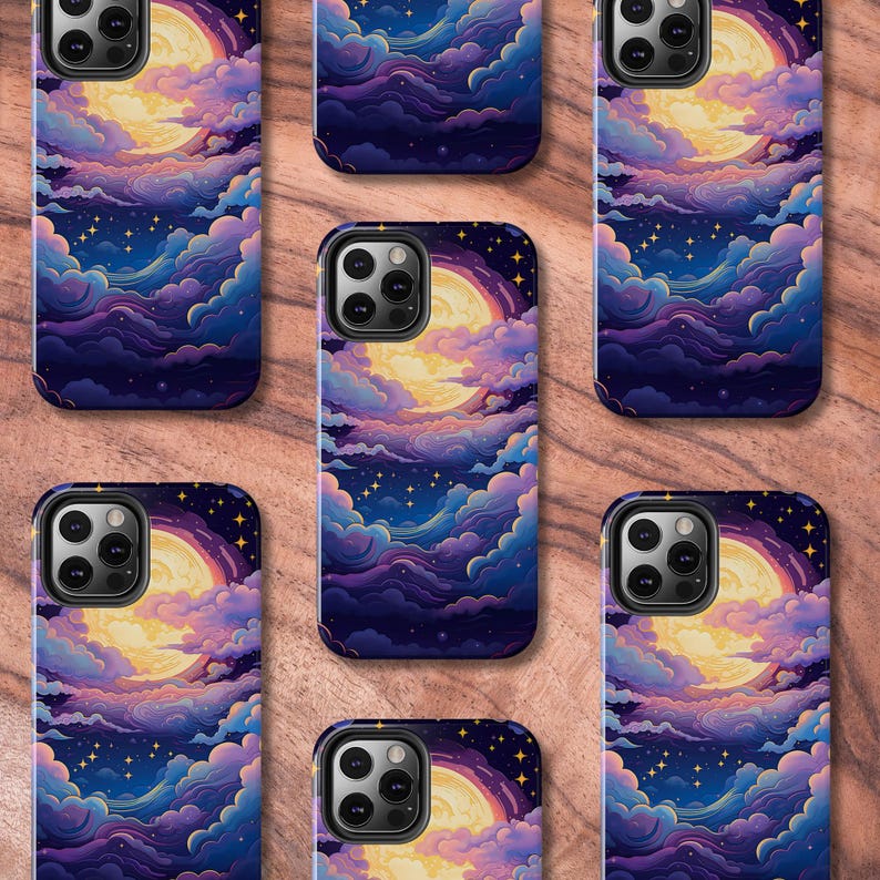 May include: A set of six phone cases with a whimsical design featuring a large yellow moon, purple and blue clouds, and a starry night sky.