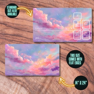 K&ouml;nnte beinhalten: Ein rosa und lilafarbener Fantasiehimmel mit Wolken und Sternen. Das Bild ist eine Spielmatte f&uuml;r Tischspiele mit den Abschnitten Schlachtfeld, L&auml;nder, Bibliothek und Friedhof. Die Spielmatte ist 35,56 cm x 60,96 cm gro&szlig;.