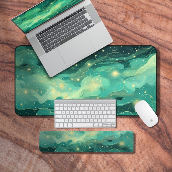 Kawaii Green Desk Mat, Keyboard Wrist Rest, Night Sky Theme Gaming Mouse Pad